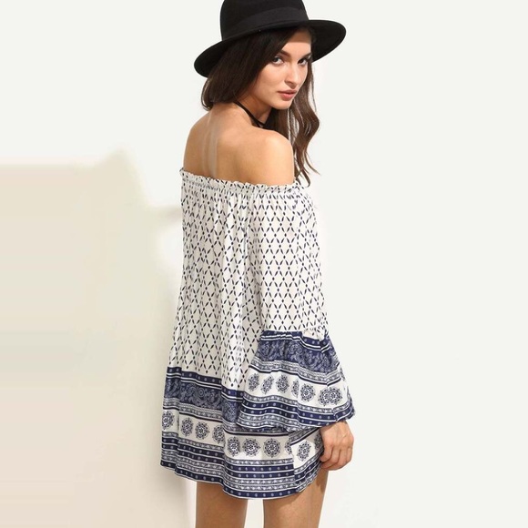 💥 CLEARANCE Bell Sleeve Off Shoulder Modern Floral Tunic Dress - Picture 2 of 8